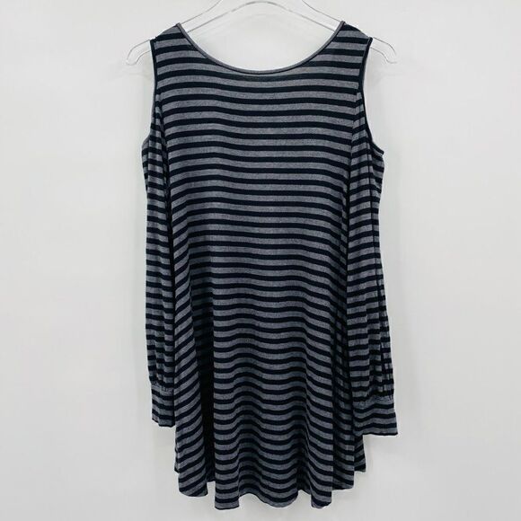 Soma Size Medium Black & Gray Striped Cold Shoulder Jersey Knit Tunic Top - Picture 8 of 8
